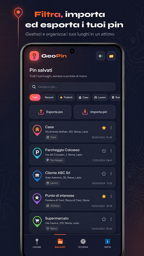 Schermata promozionale Geo Pin con mappa e posizione salvata